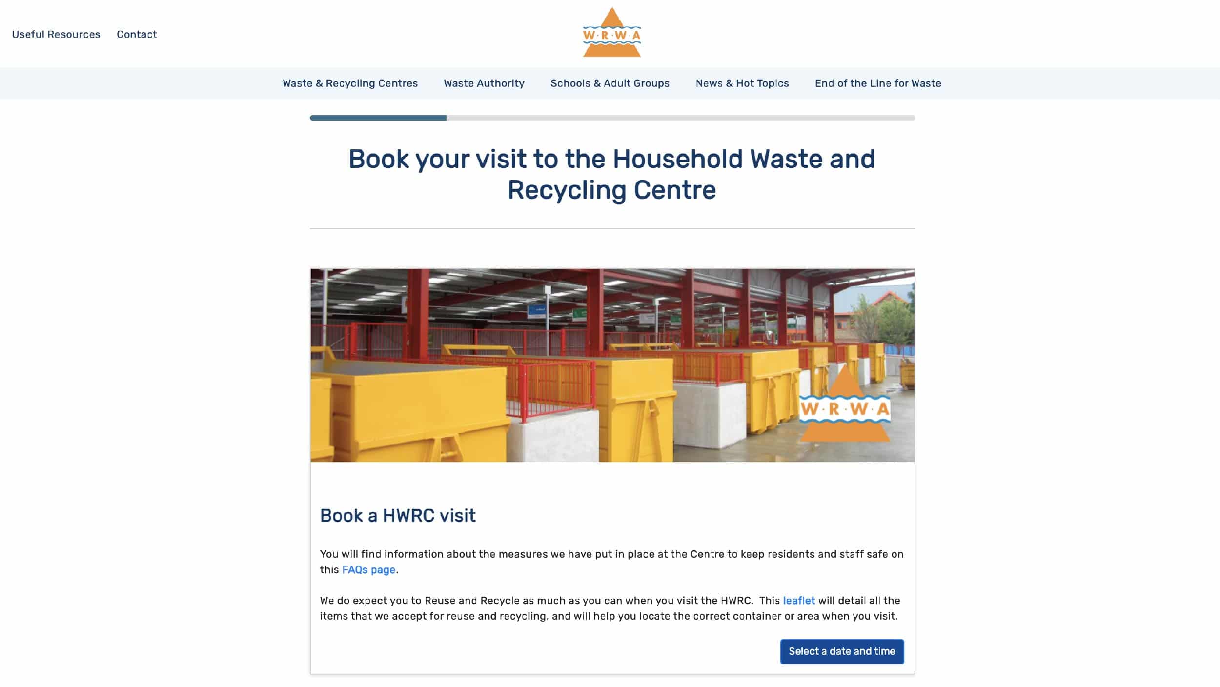 WRWA screenshot of booking journey for HWRC